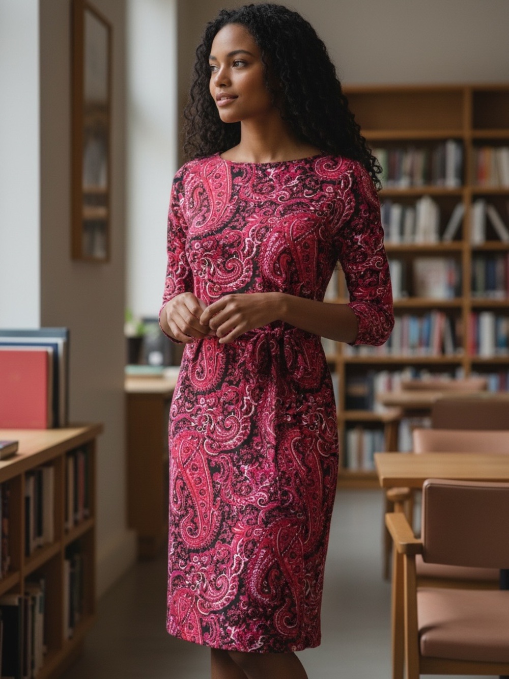 Talbots Red Black Paisley Tie Waist Sheath Midi Dress Sz 8 Classic Office Preppy